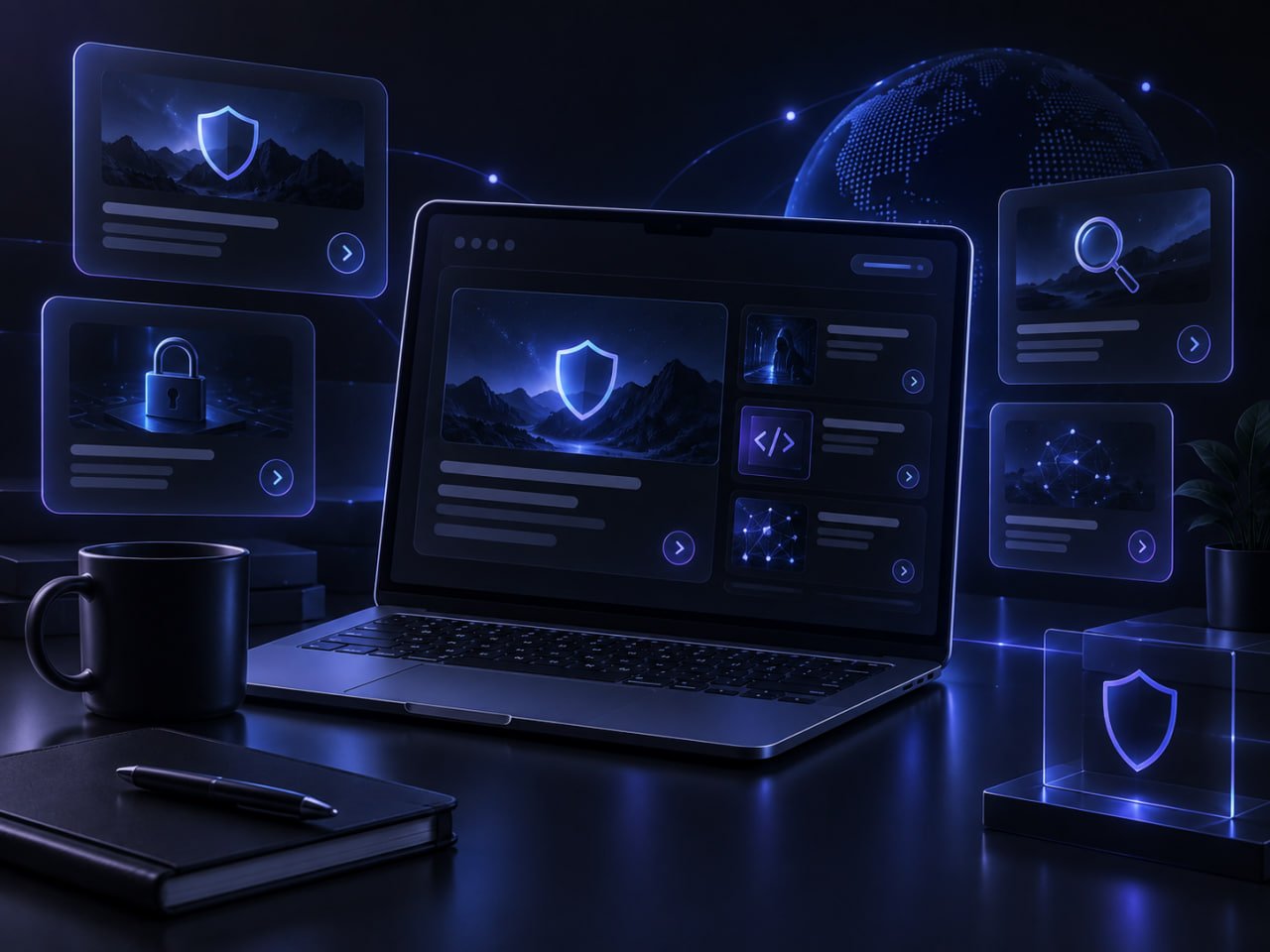Cybersecurity articles displayed around a laptop