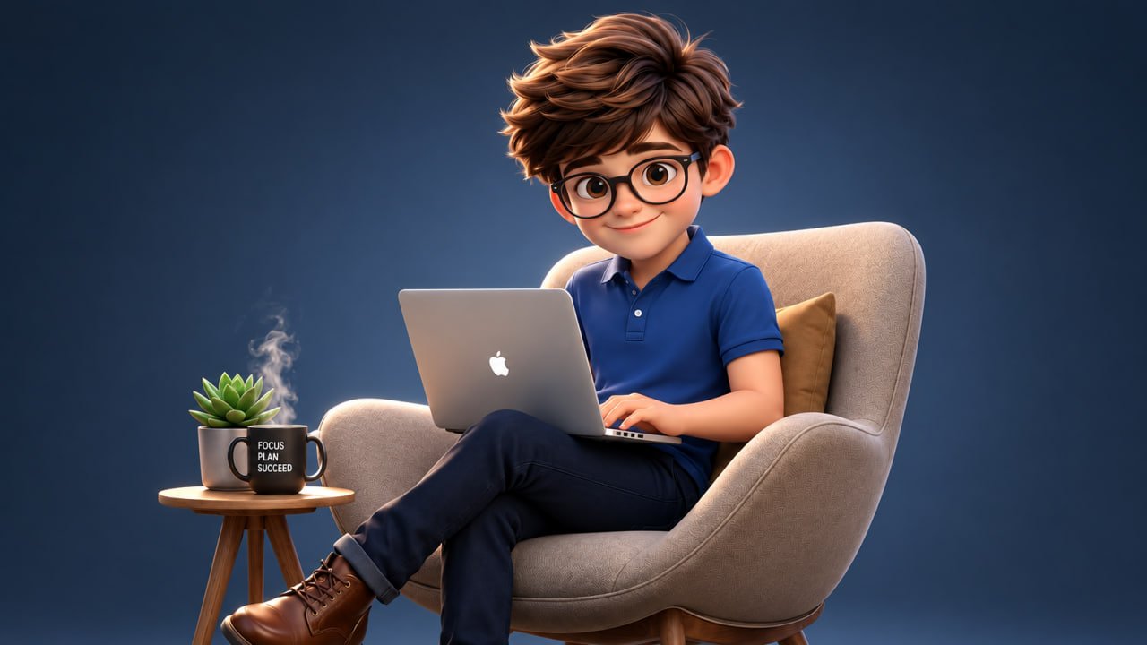 Illustration of Sam kheiri seated with a laptop
